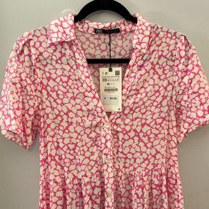 NWT ZARA FLORAL PRINT MAXI LENGTH SHIRT DRESS - SIZE XS,  PINK